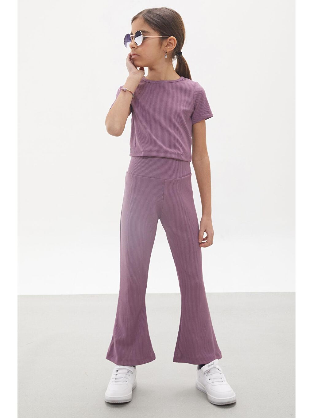 Pembe İspanyol Paça Taytlı Bel Bağlamalı Croplu Kız Çocuk Takım 18111