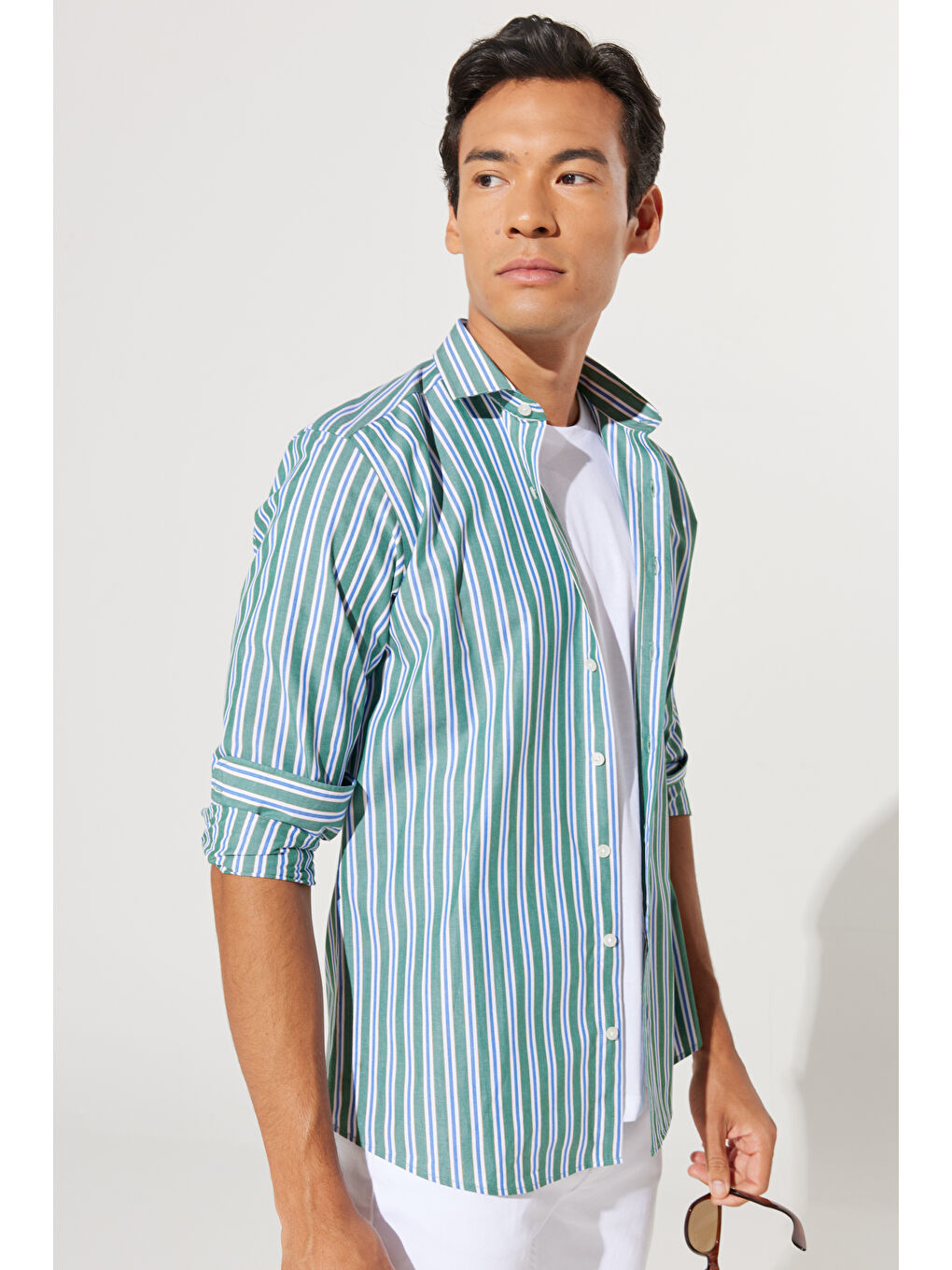 Erkek Yeşil-Lacivert Slim Fit Dar Kesim Küçük İtalyan Yaka %100 Pamuk Çizgili Gömlek-2