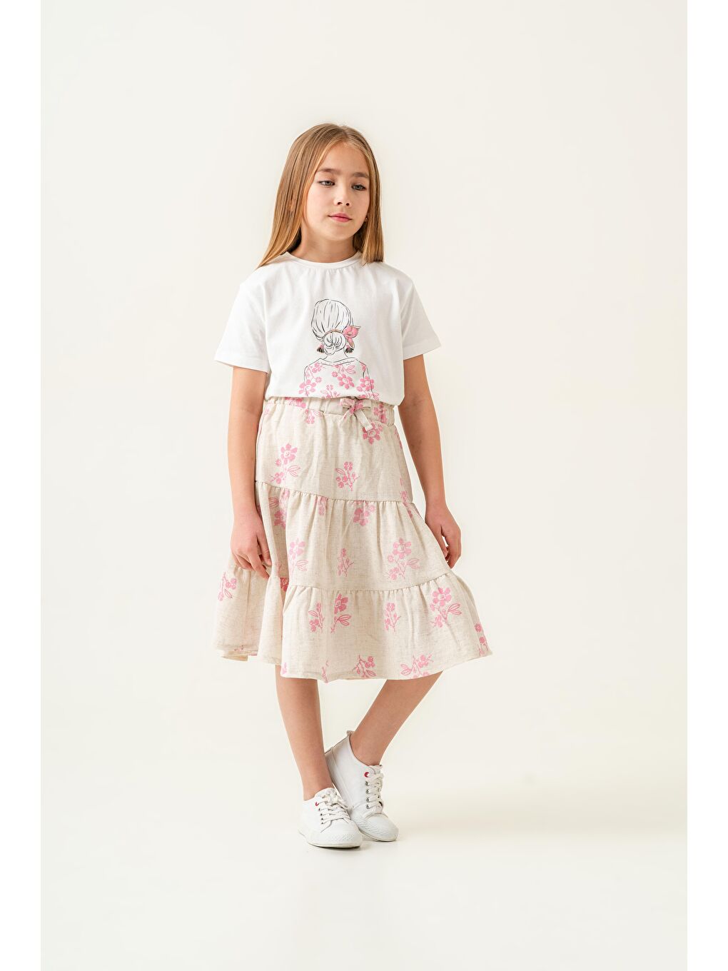 Karışık Kız Çocuk Pamuklu Çiçek Desenli T-Shirt Ve Etek Takım-3