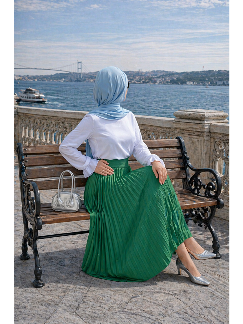 Yeşil Kadın Premium Pileli Zümrüt Uzun Tesettür Etek-4