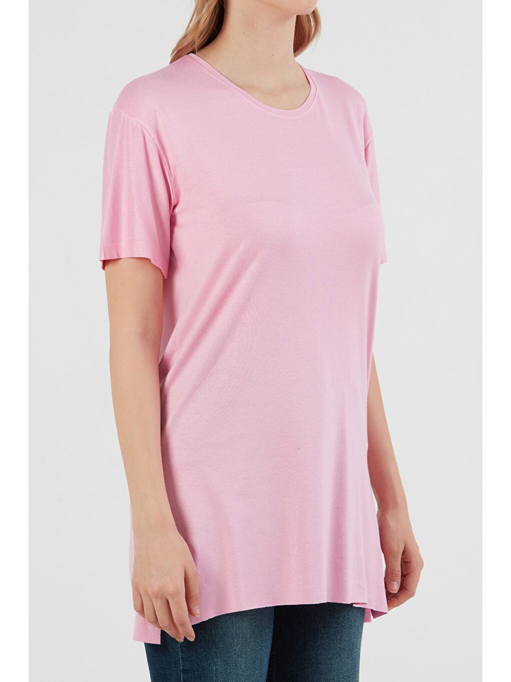 Pembe Basic Bisiklet Yaka Yanları Yırtmaçlı Elastanlı Salaş Tişört-4