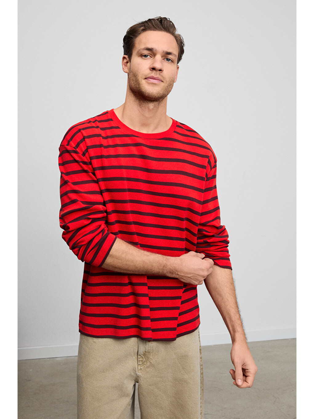 Kırmızı VIGOS Erkek %100 Organik Pamuklu Yuvarlak Yakalı Regular Fit Uzun Kollu KIRMIZI T-Shirt-3