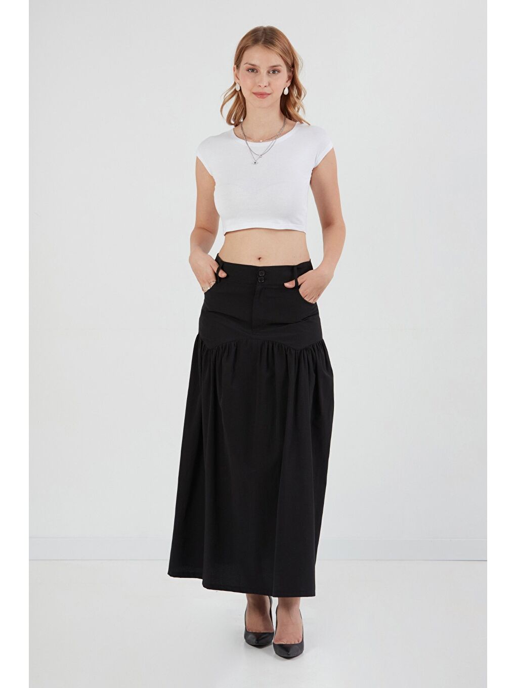 Siyah Düğmeli Cepli Terikoton Etek