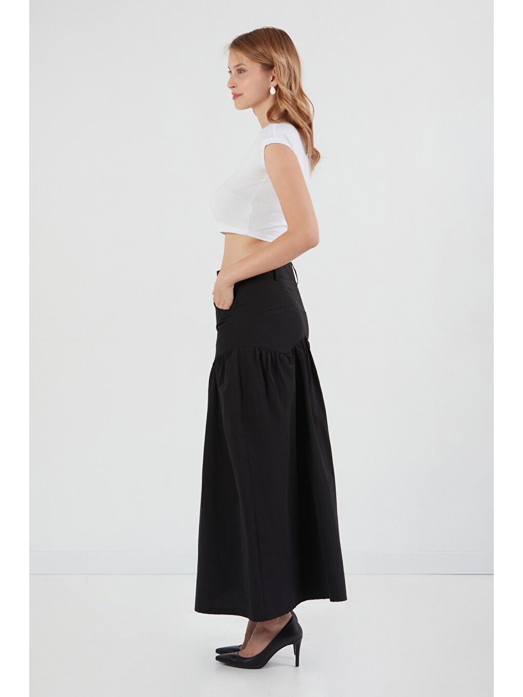 Siyah Düğmeli Cepli Terikoton Etek-1