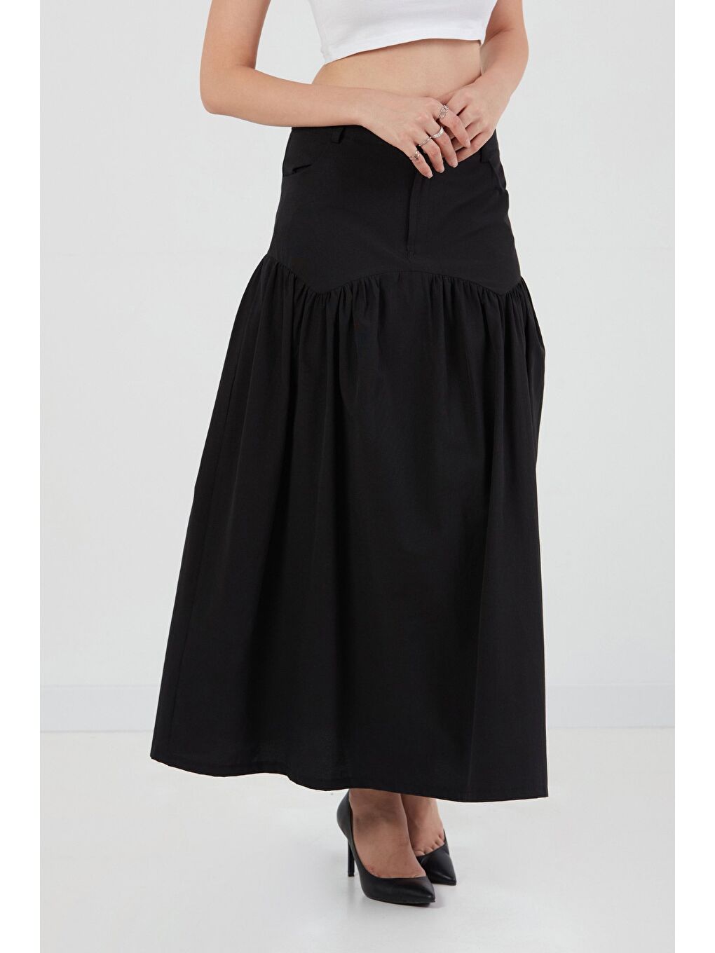 Siyah Düğmeli Cepli Terikoton Etek-3