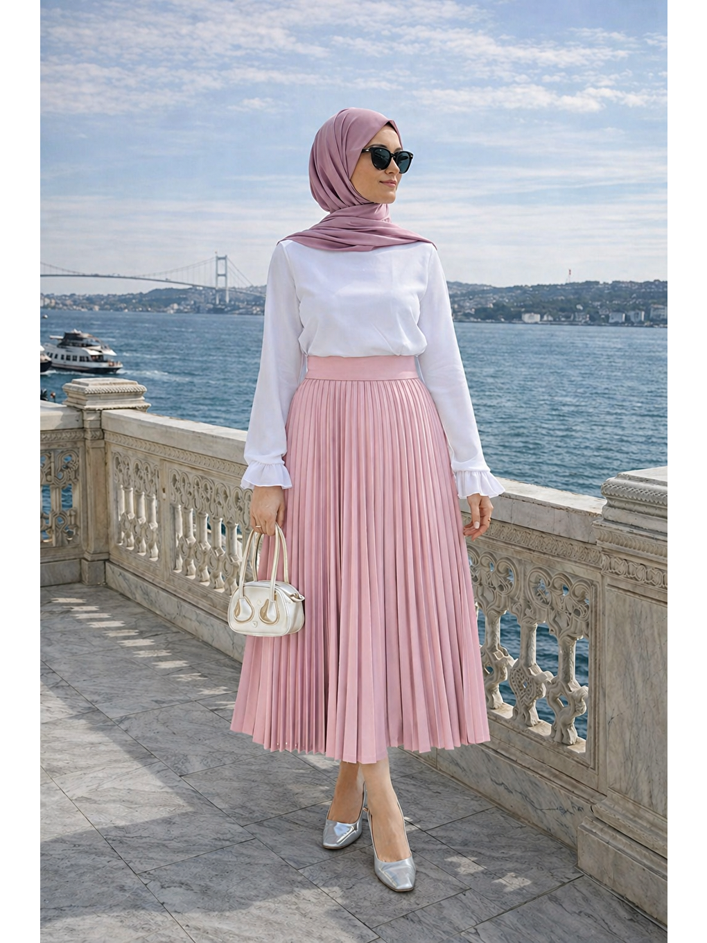 Kadın Premium Pileli T.Pembe Uzun Tesettür Etek