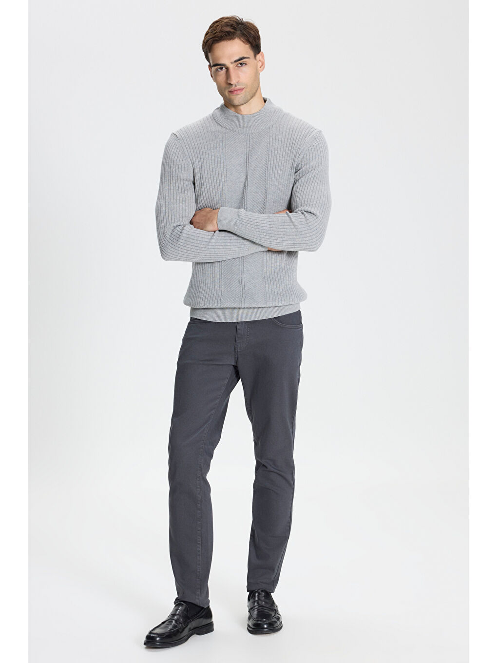 Erkek Gri Melanj Slim Fit Dar Kesim Yarım Balıkçı Yaka Pamuklu Jakarlı Triko Kazak-1