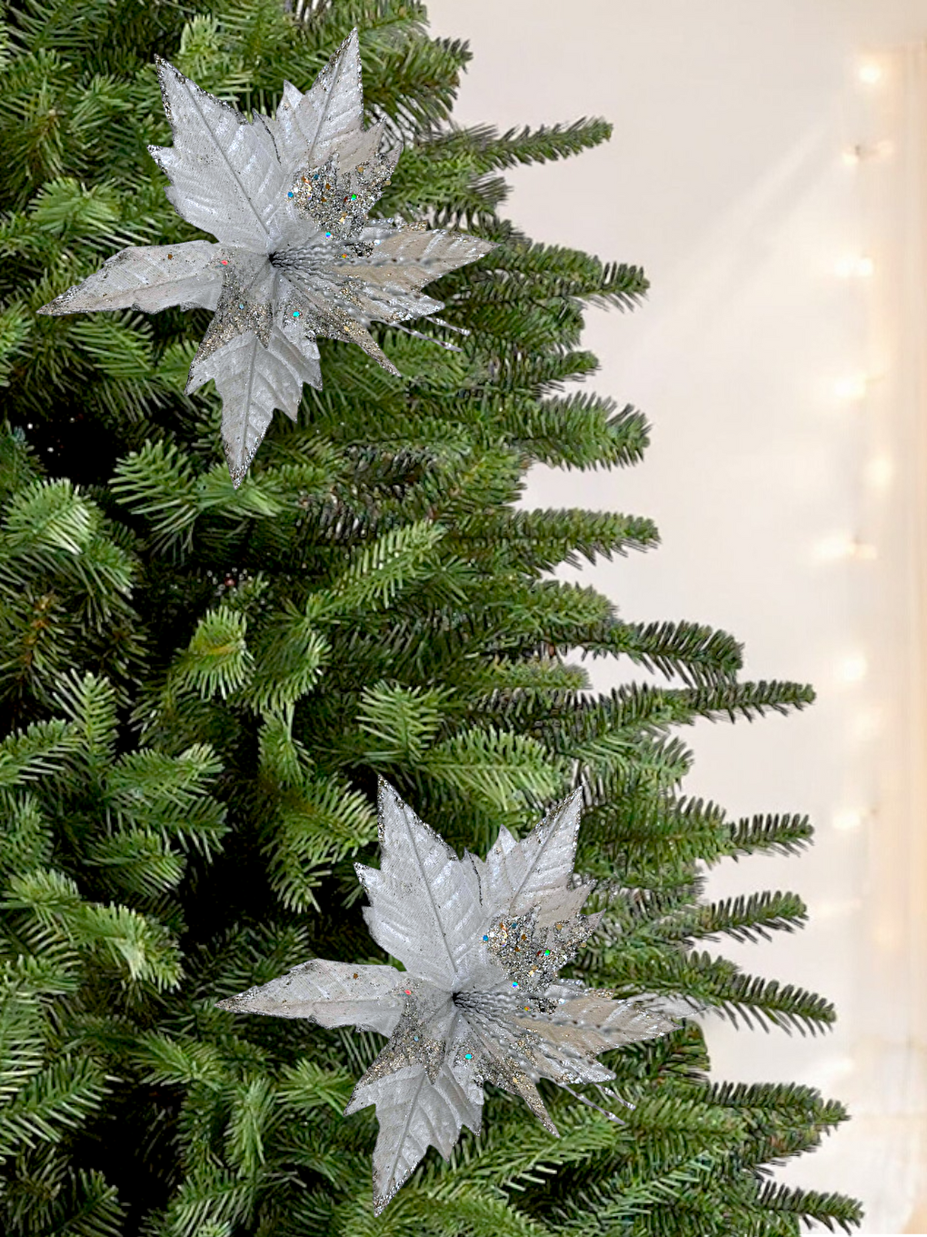 Gri Yılbaşı Ağacı Dekor Süsü Simli Puansetya Atatürk Çiçeği Gümüş 30 cm