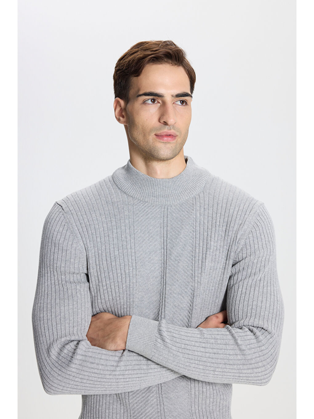 Erkek Gri Melanj Slim Fit Dar Kesim Yarım Balıkçı Yaka Pamuklu Jakarlı Triko Kazak-3