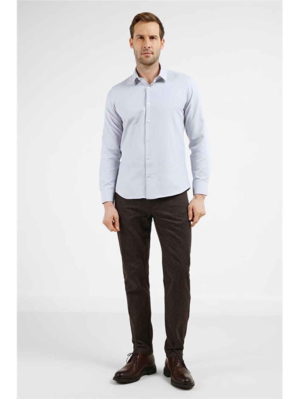 Gri Kendinden Desenli Sert Yaka Uzun Kol Cepsiz Slim Fit Pamuklu Gömlek 1004255283-1