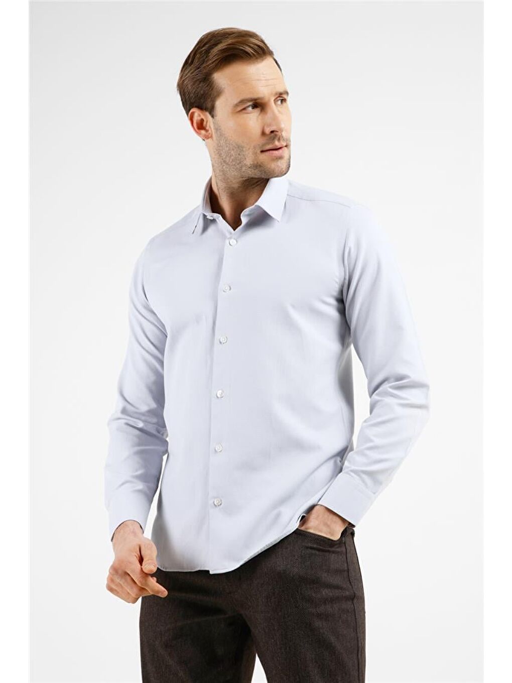 Gri Kendinden Desenli Sert Yaka Uzun Kol Cepsiz Slim Fit Pamuklu Gömlek 1004255283-2