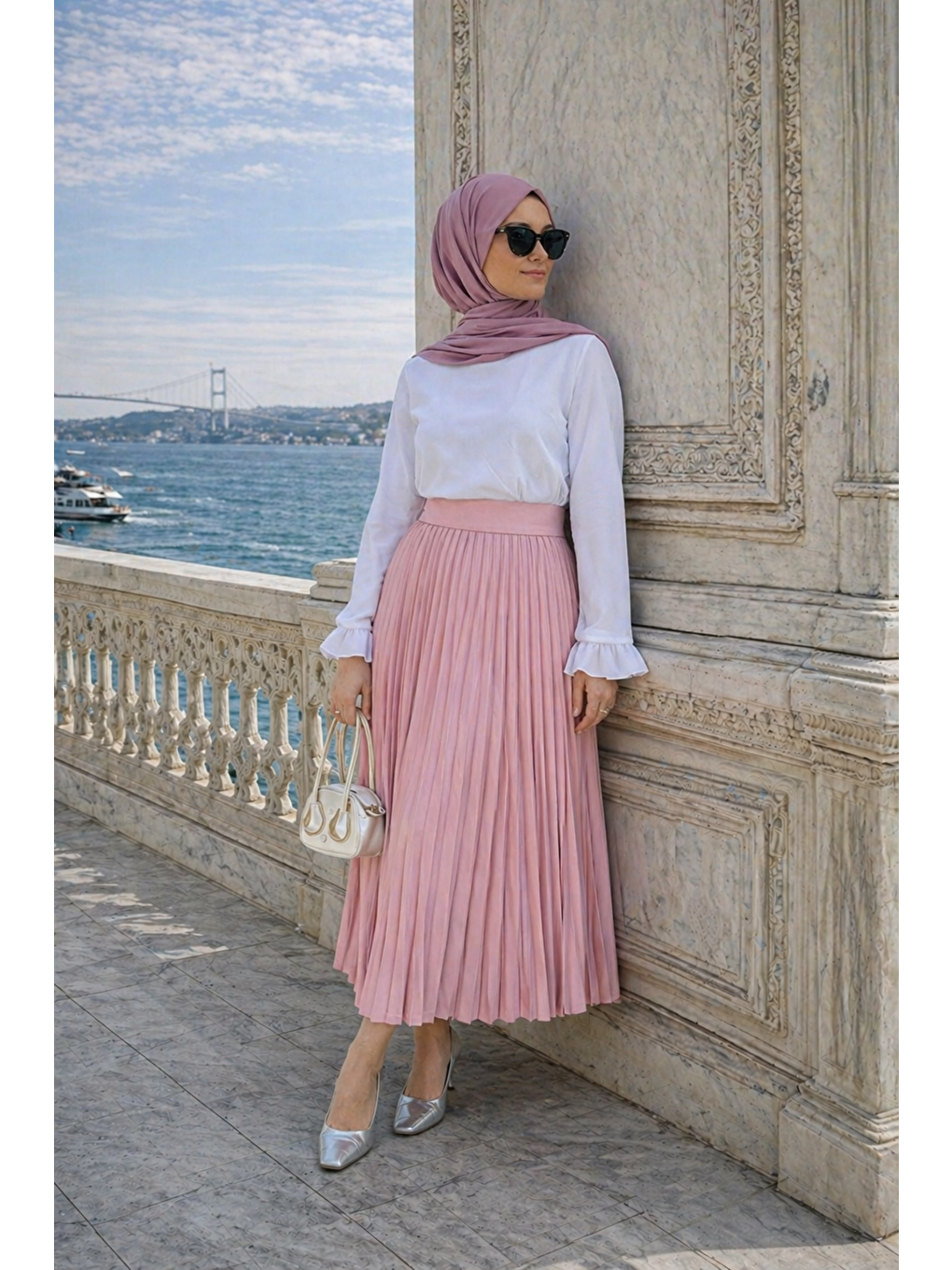 Kadın Premium Pileli T.Pembe Uzun Tesettür Etek-1