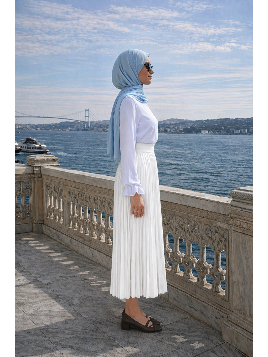 Kadın Premium Pileli Beyaz Uzun Tesettür Etek-1