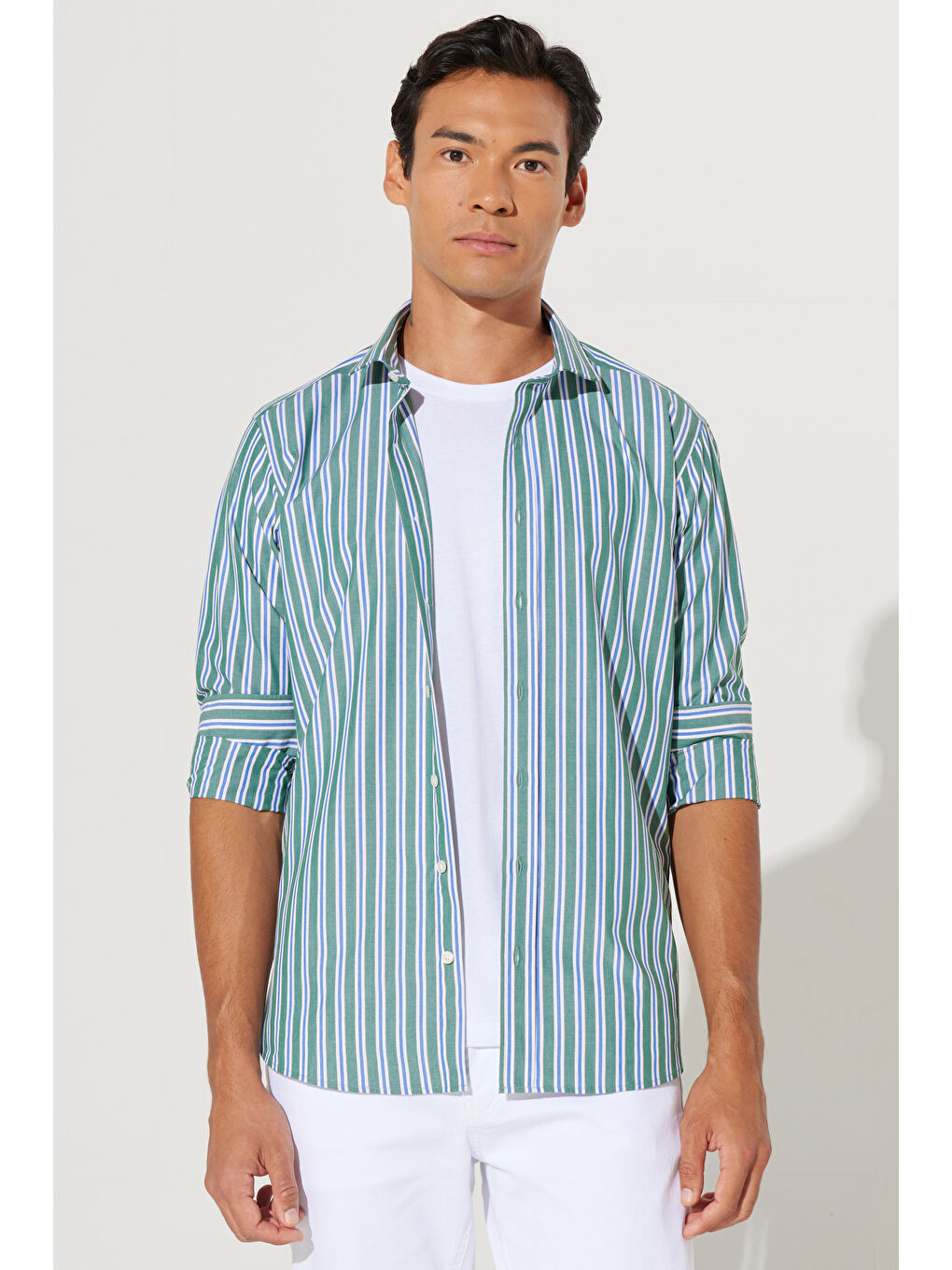 Erkek Yeşil-Lacivert Slim Fit Dar Kesim Küçük İtalyan Yaka %100 Pamuk Çizgili Gömlek-3