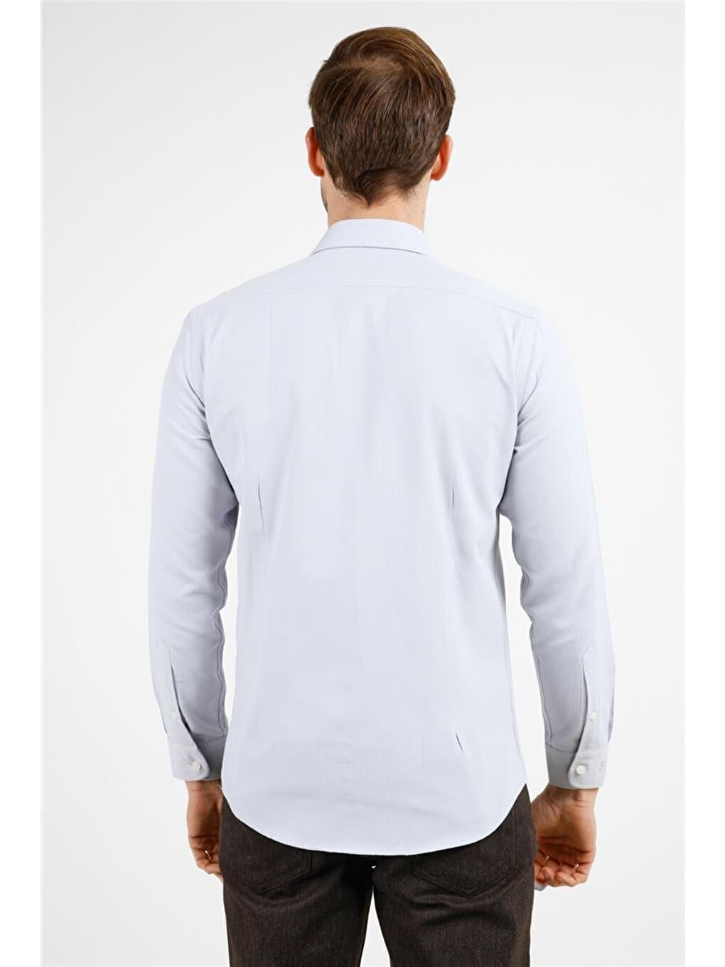 Gri Kendinden Desenli Sert Yaka Uzun Kol Cepsiz Slim Fit Pamuklu Gömlek 1004255283-4