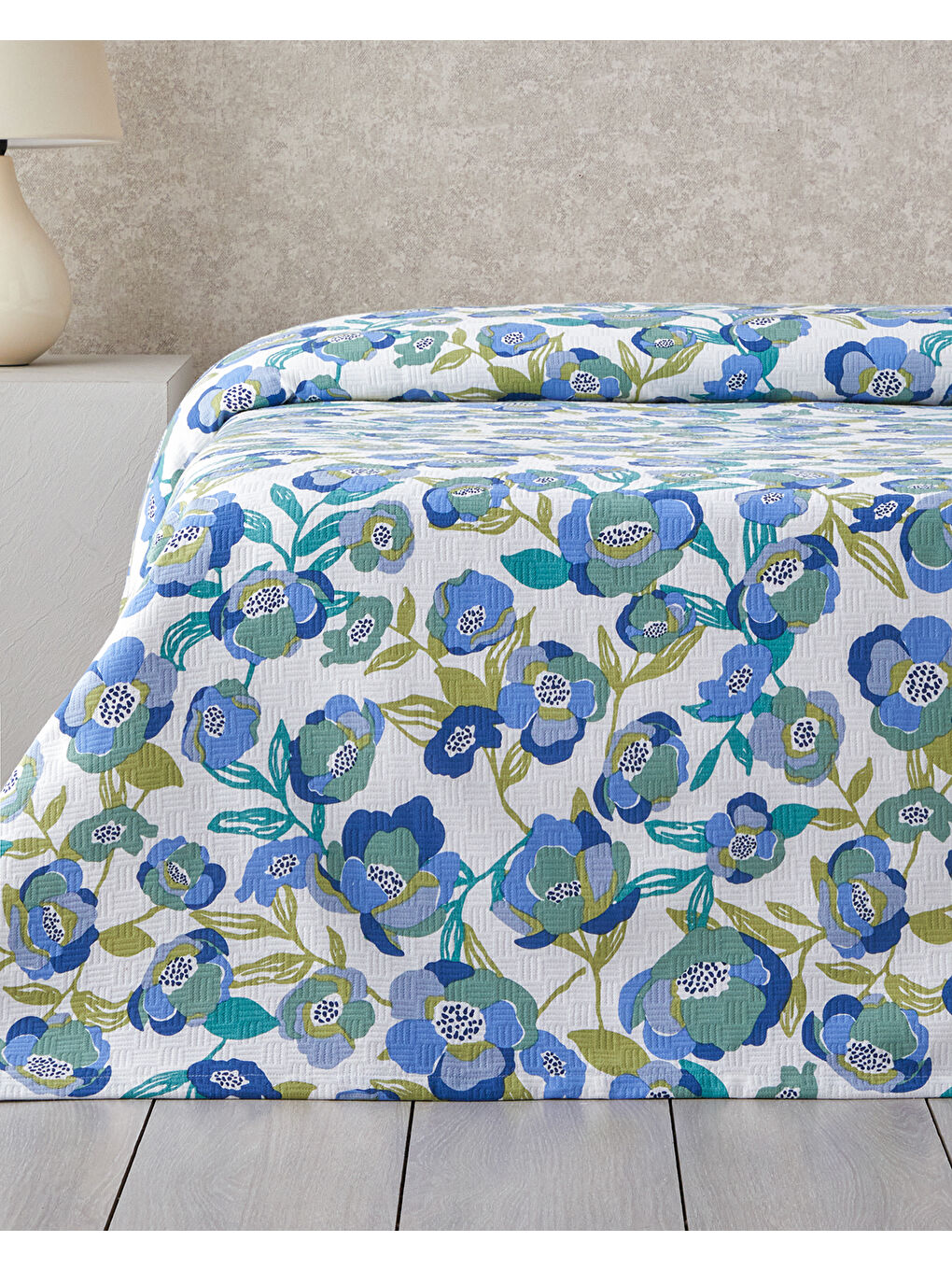 Summer Blooms Baskılı Pamuklu Çift Kişilik Pike 200x220 cm Mavi-1