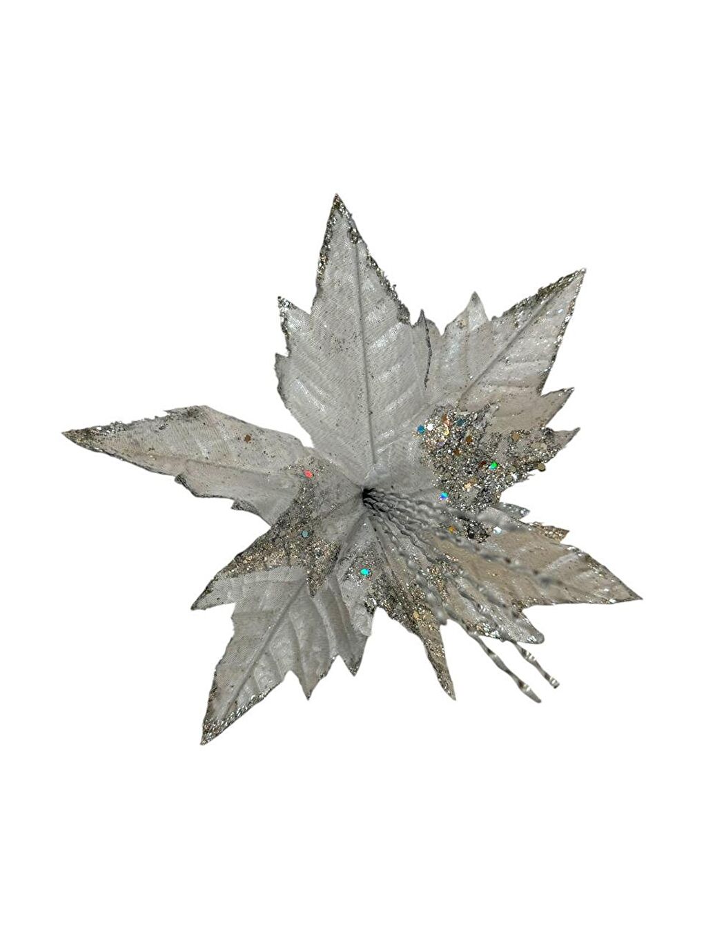 Gri Yılbaşı Ağacı Dekor Süsü Simli Puansetya Atatürk Çiçeği Gümüş 30 cm-1