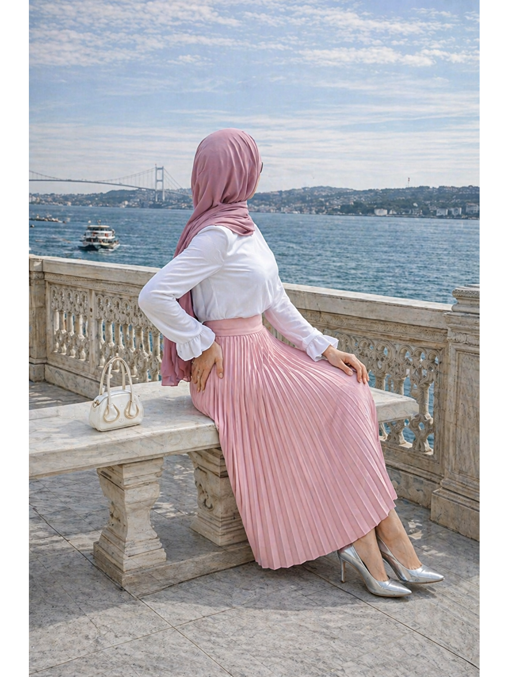 Kadın Premium Pileli T.Pembe Uzun Tesettür Etek-2