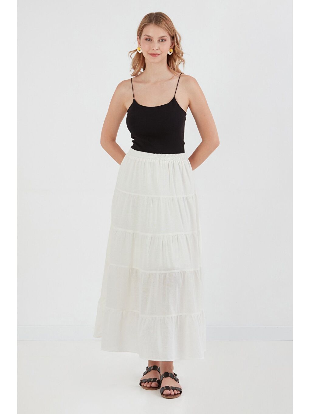 Ekru Beli Lastikli Fırfırlı Etek