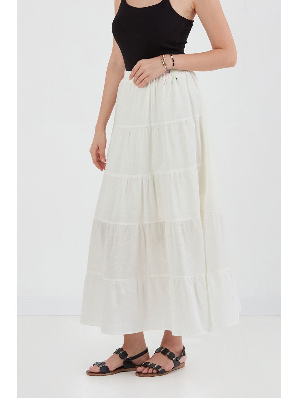Ekru Beli Lastikli Fırfırlı Etek-1
