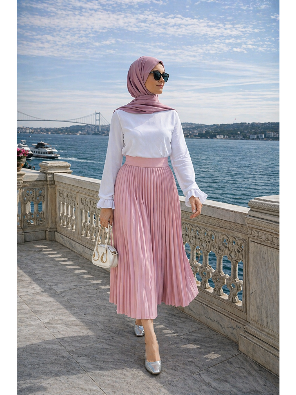 Kadın Premium Pileli T.Pembe Uzun Tesettür Etek-3