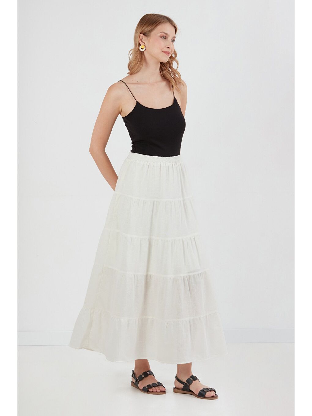 Ekru Beli Lastikli Fırfırlı Etek-3