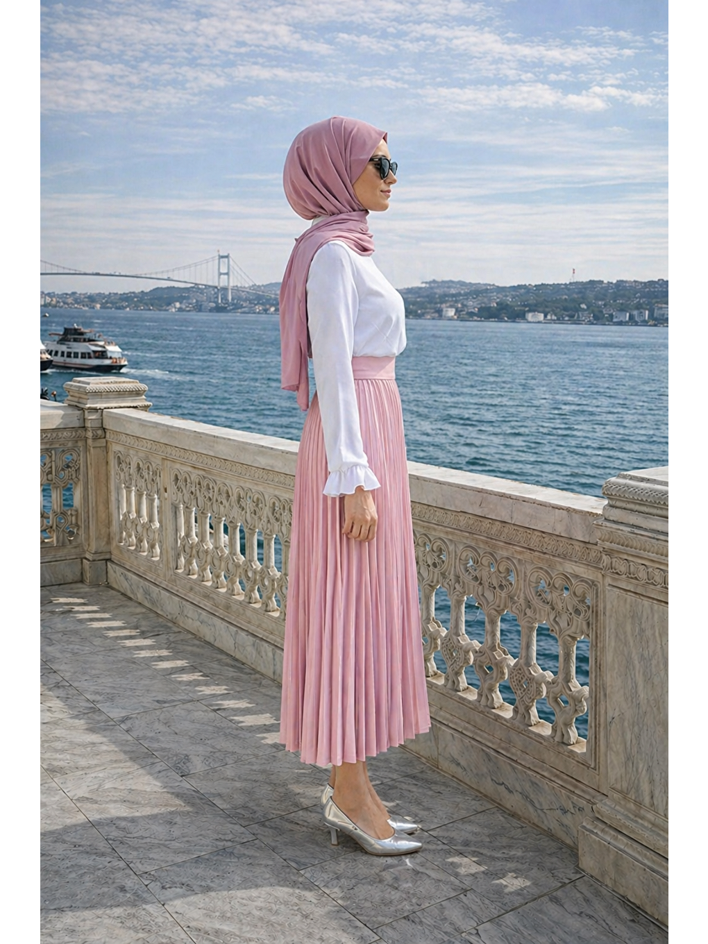 Kadın Premium Pileli T.Pembe Uzun Tesettür Etek-4