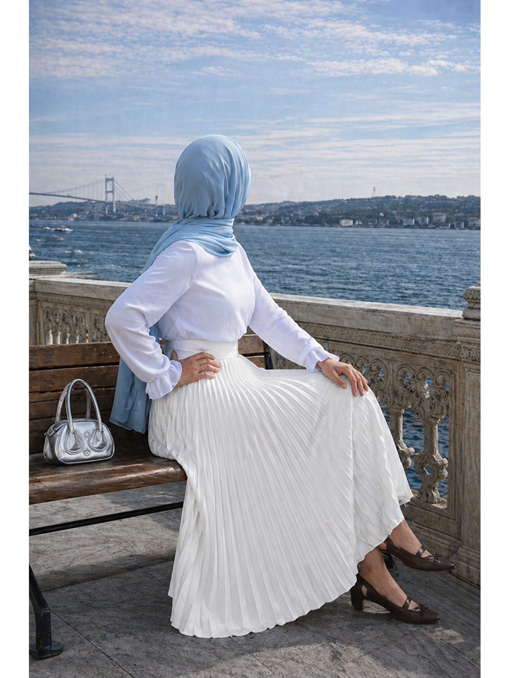 Kadın Premium Pileli Beyaz Uzun Tesettür Etek-4