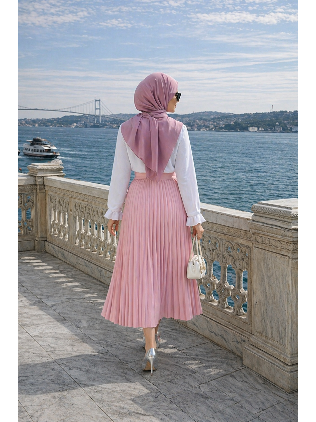 Kadın Premium Pileli T.Pembe Uzun Tesettür Etek-5