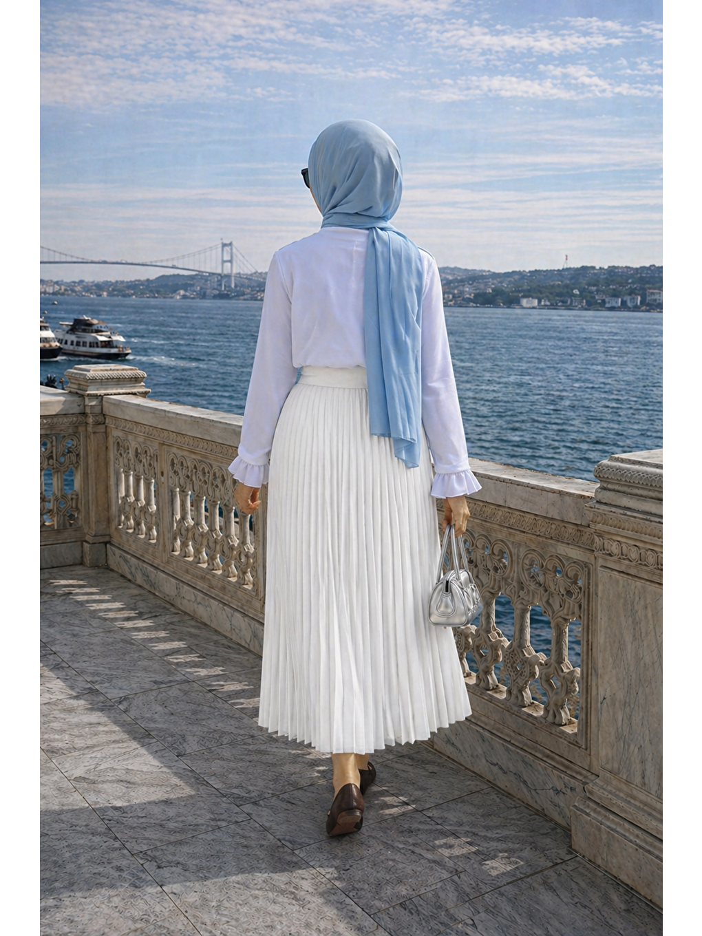 Kadın Premium Pileli Beyaz Uzun Tesettür Etek-5