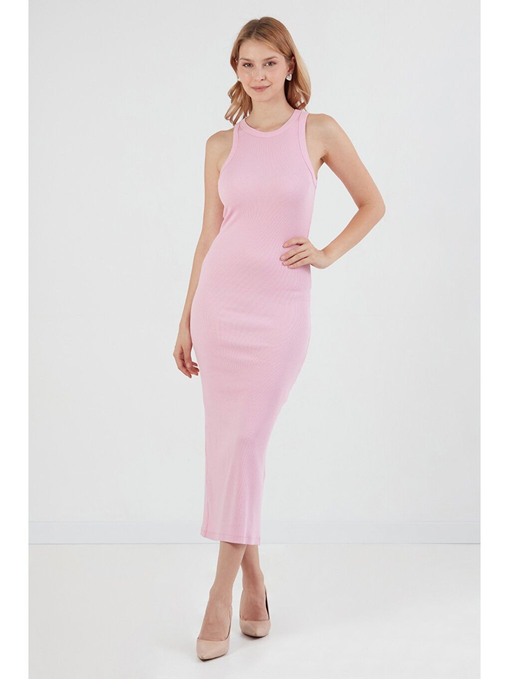 Pembe Basic Fitilli Halter Yaka Yırtmaçlı Elbise