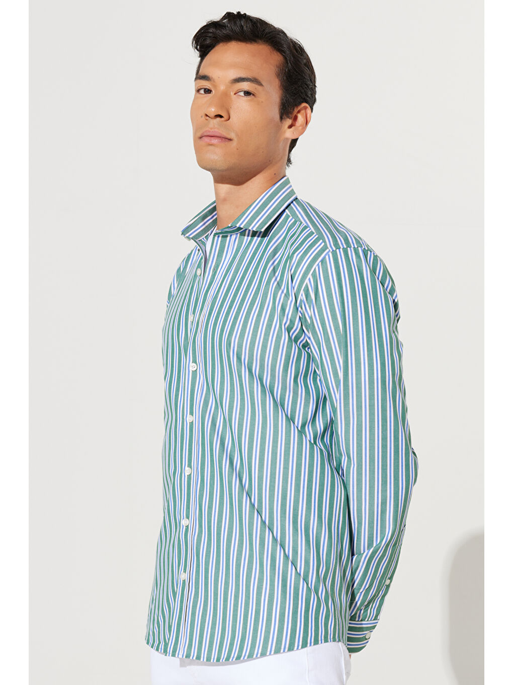 Erkek Yeşil-Lacivert Slim Fit Dar Kesim Küçük İtalyan Yaka %100 Pamuk Çizgili Gömlek-4