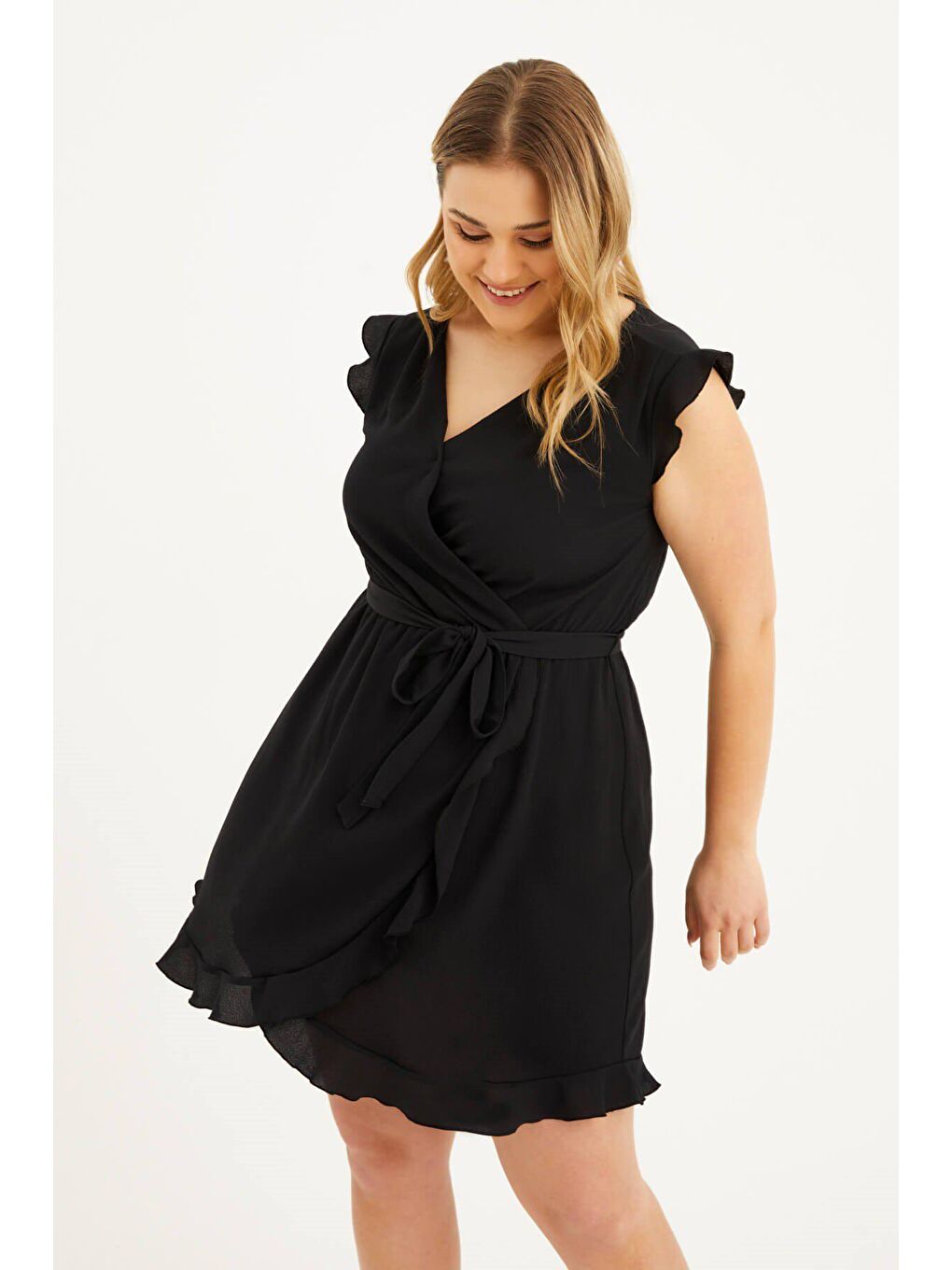 Siyah Fırfırlı Anvelop Elbise-2