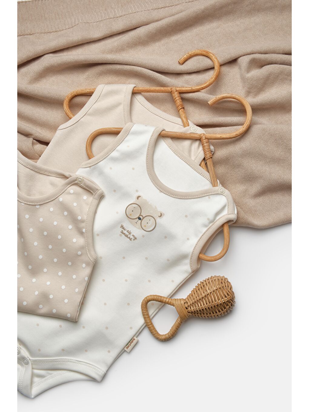 Karışık Unisex Bebek Pamuklu Bej-Naturel 3'Lü Atlet Body Seti-2