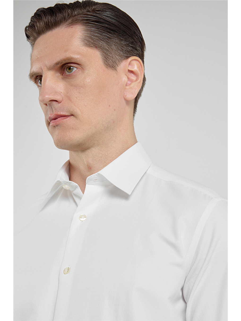 Ekru Krem Sert Yaka Uzun Kol Cepsiz Slim Fit Pamuklu Gömlek 1004255913-3