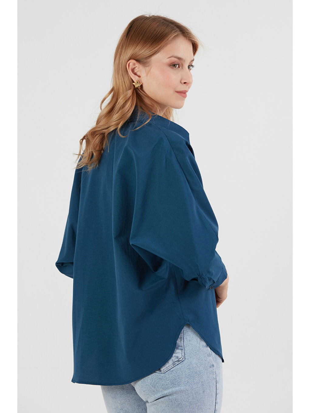 Lacivert Çift Cepli Yarasa Kol Terikoton Gömlek-1