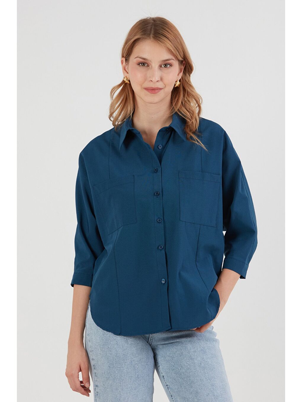 Lacivert Çift Cepli Yarasa Kol Terikoton Gömlek-3