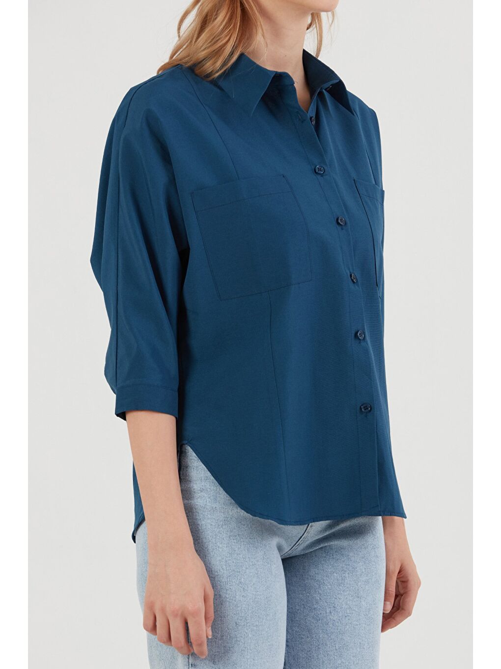 Lacivert Çift Cepli Yarasa Kol Terikoton Gömlek-4
