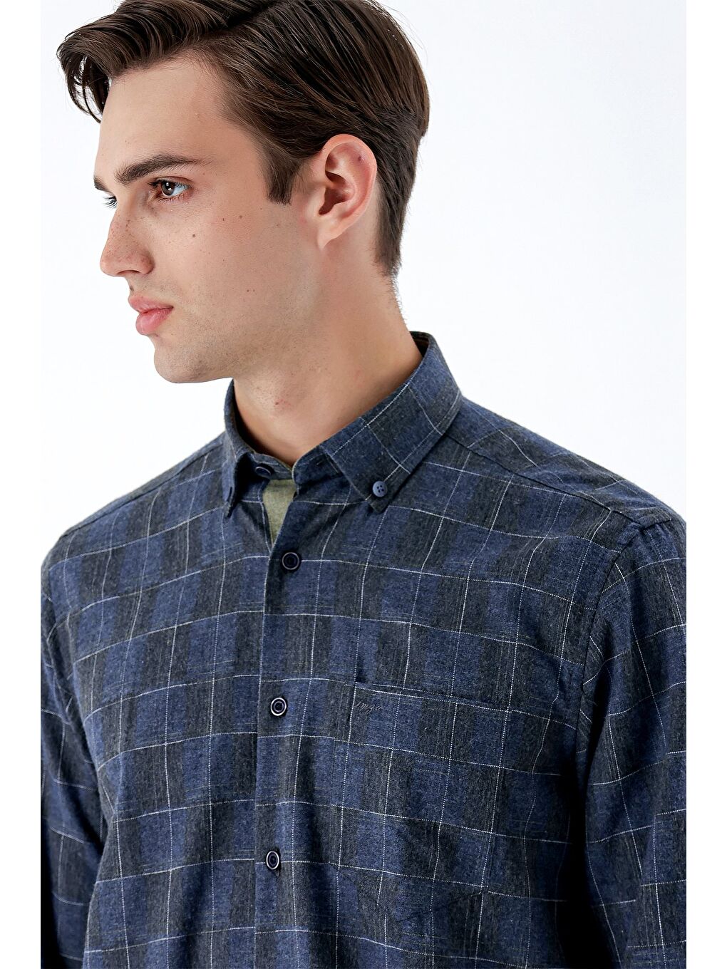 Koyu Lacivert Uzun Kollu Ekoseli Cepli Garnili Pamuklu Klasik Comfort Fit Gömlek 1004235142-3