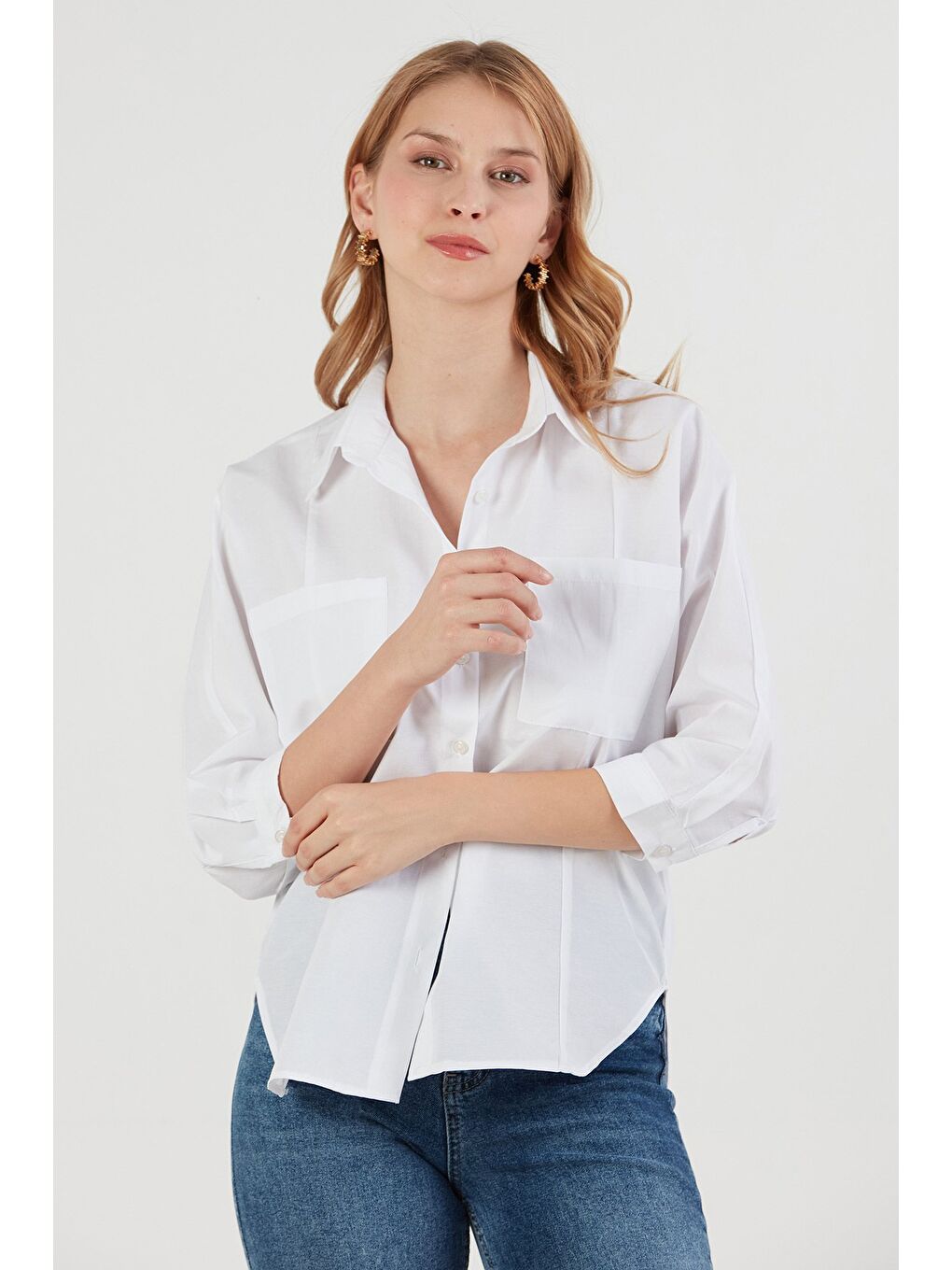 Beyaz Çift Cepli Yarasa Kol Terikoton Gömlek-3