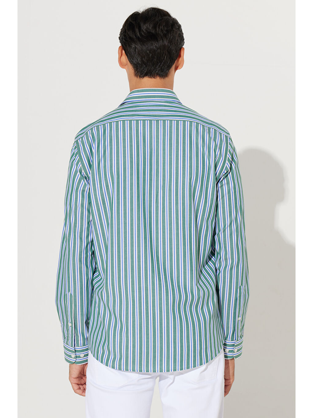 Erkek Yeşil-Lacivert Slim Fit Dar Kesim Küçük İtalyan Yaka %100 Pamuk Çizgili Gömlek-5