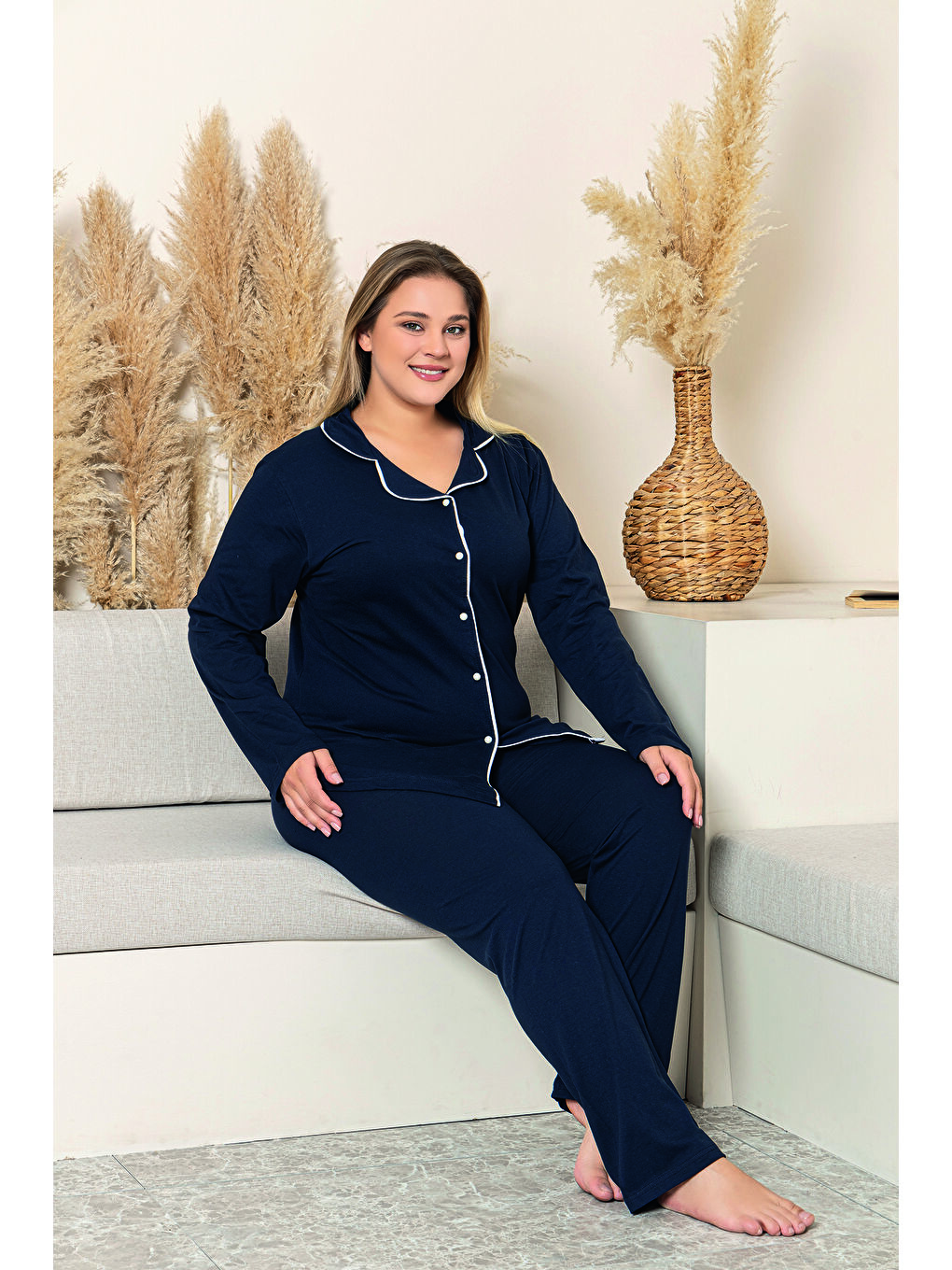 Lacivert Kadın %100 Organik Pamuk Doğal Gömlek Yaka Düğmeli Uzun Kollu Biyeli Battal Pijama Takımı