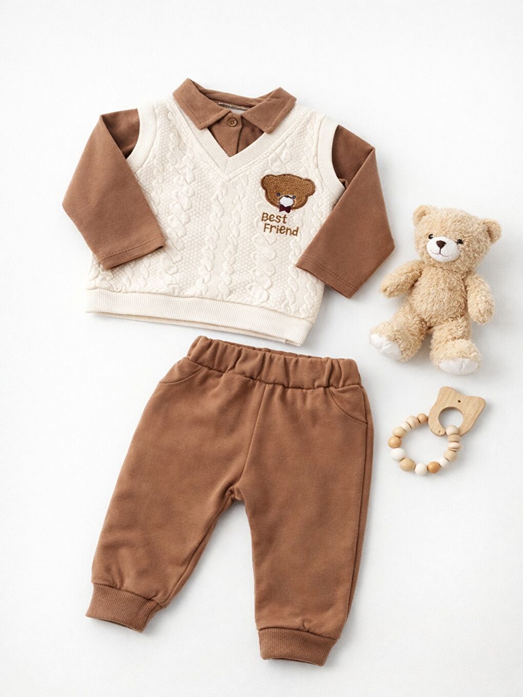 Kahverengi Erkek Bebek 2’li Takım Triko Süveter Detaylı Ayıcıklı Uzun Kollu Alt Üst Set