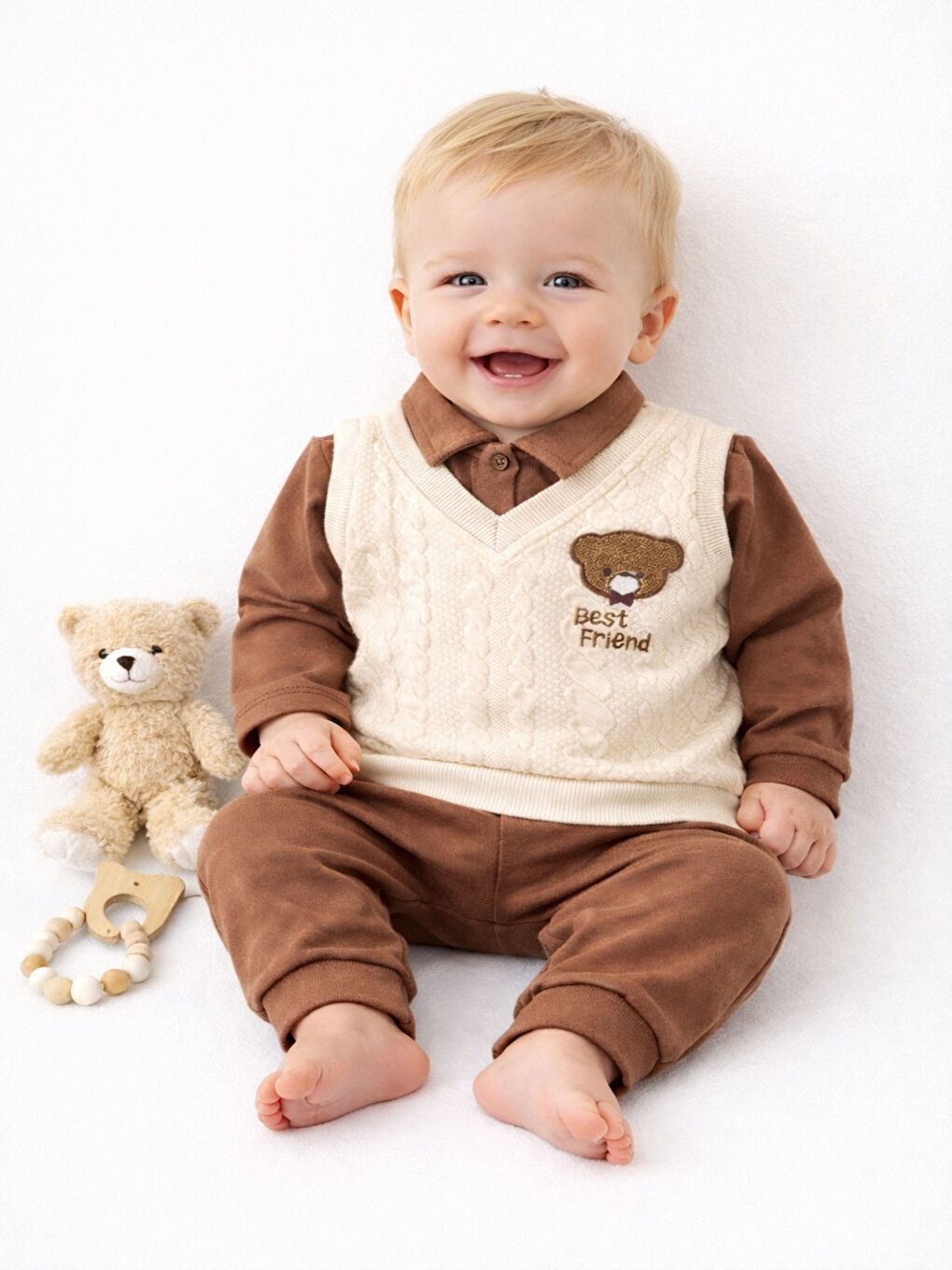 Kahverengi Erkek Bebek 2’li Takım Triko Süveter Detaylı Ayıcıklı Uzun Kollu Alt Üst Set-1