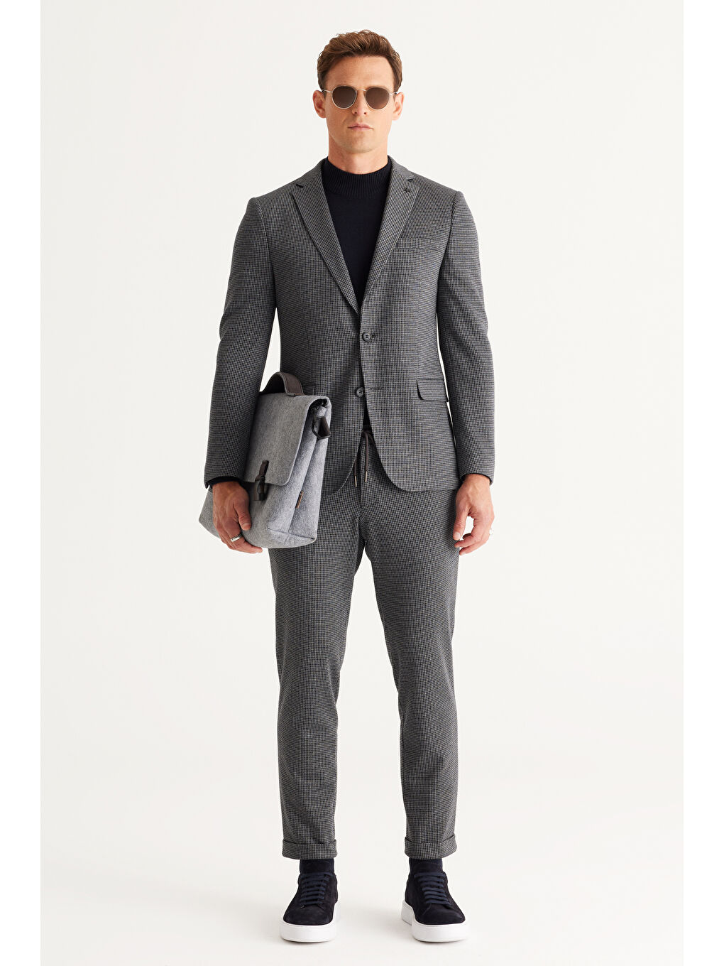 Erkek Lacivert-Gri Slim Fit Dar Kesim Mono Yaka Desenli Takım Elbise-1