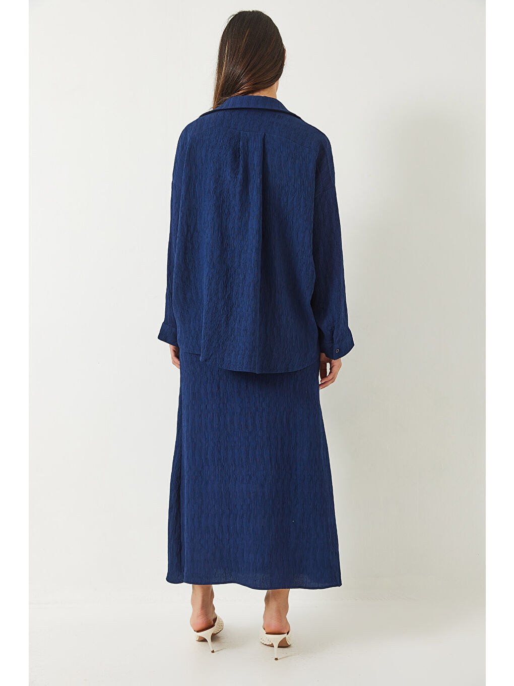 Lacivert Kadın Dokulu İnce Askılı Elbise Oversize Gömlek 'li Takım-7