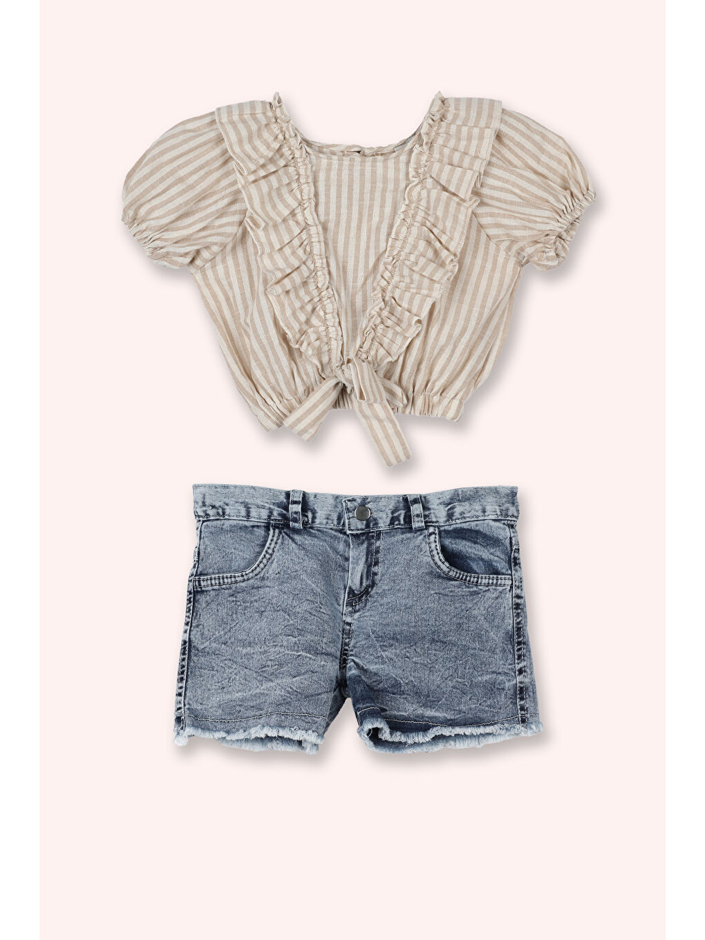 Pembe Kız Bebek Önü Büzgülü Şortlu Somon Takım