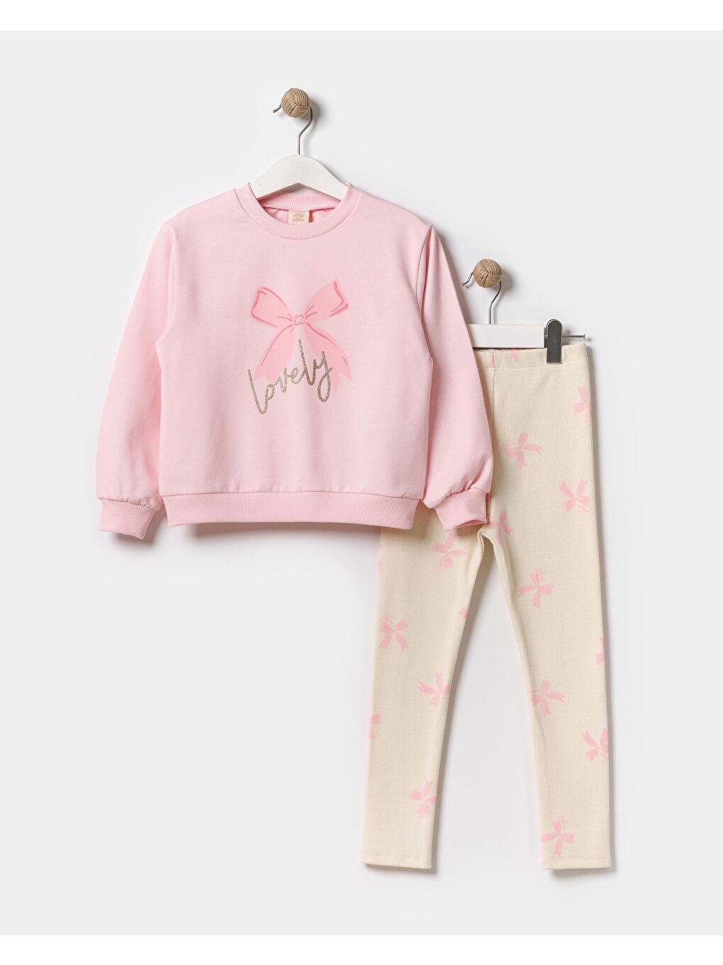 Kız Çocuk Pamuklu Pembe Lovely Baskılı Sweatshirt Ve Fiyonklu Tayt Takım