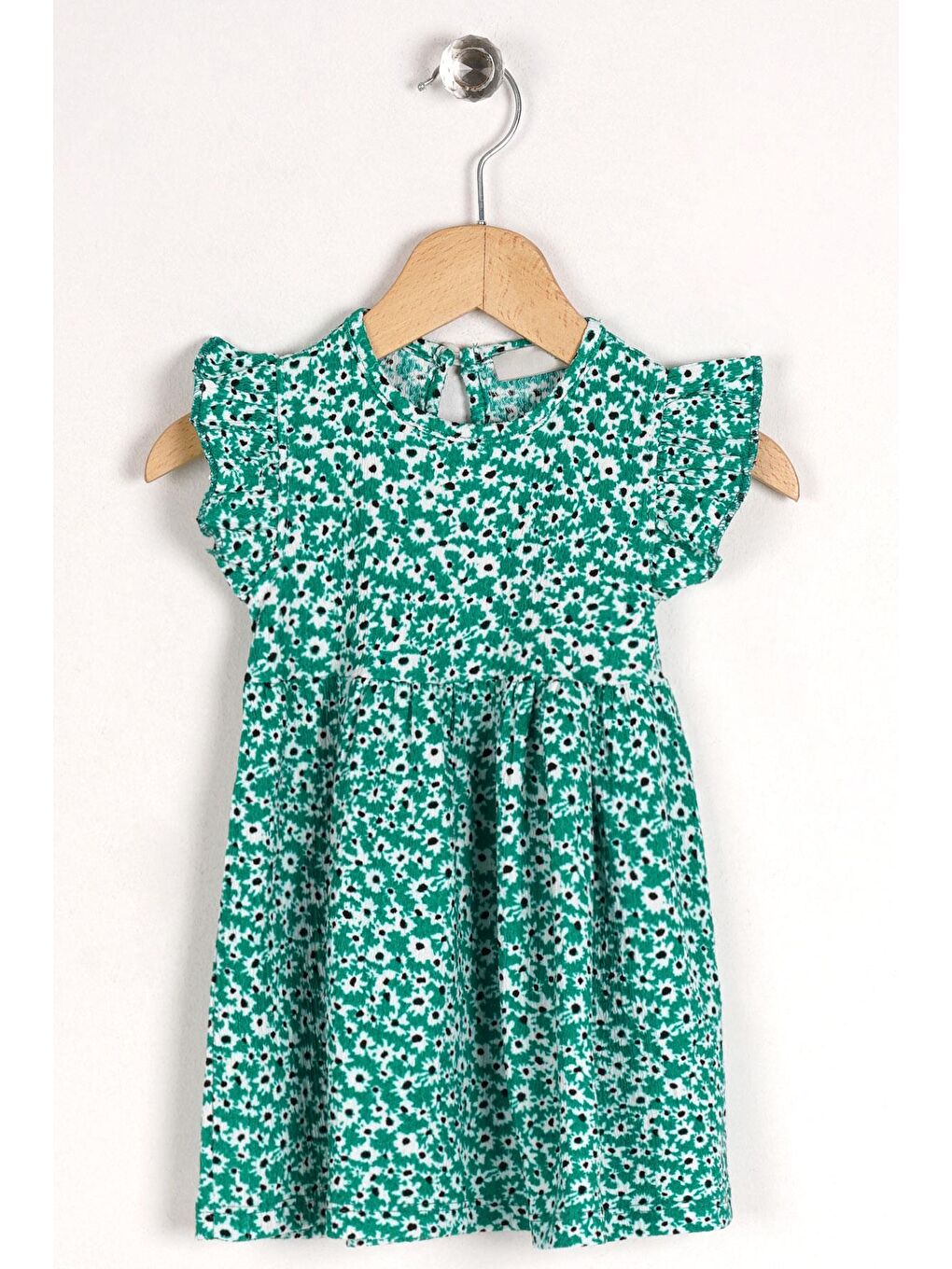 Yeşil Bisiklet Yaka Kolları Fırfırlı Kız Çocuk Elbise