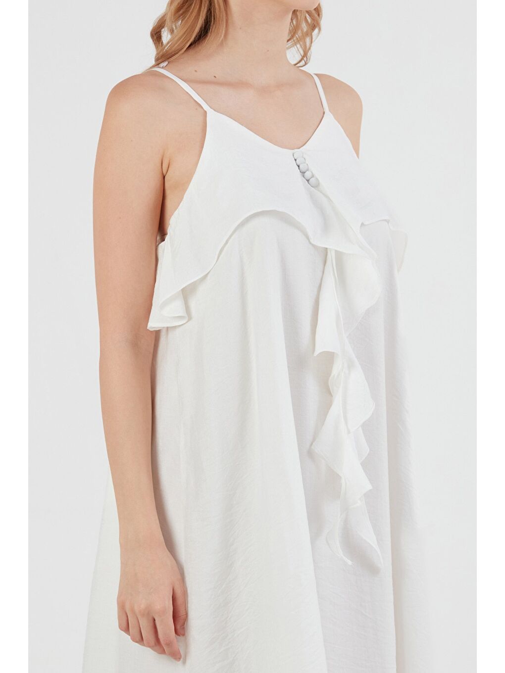 Beyaz Askılı Önü Fırfırlı Salaş Elbise-4